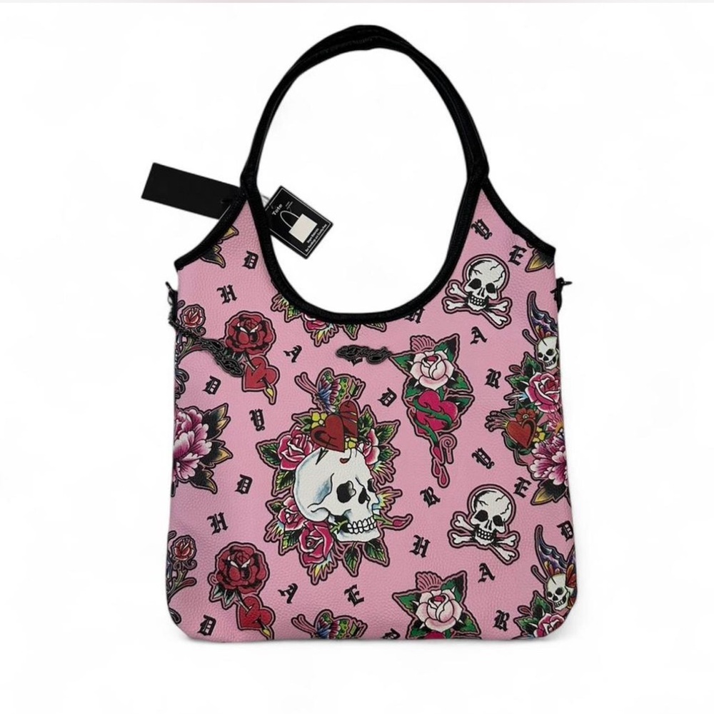 Ed Hardy Pink Tote with Skull and Floral Art